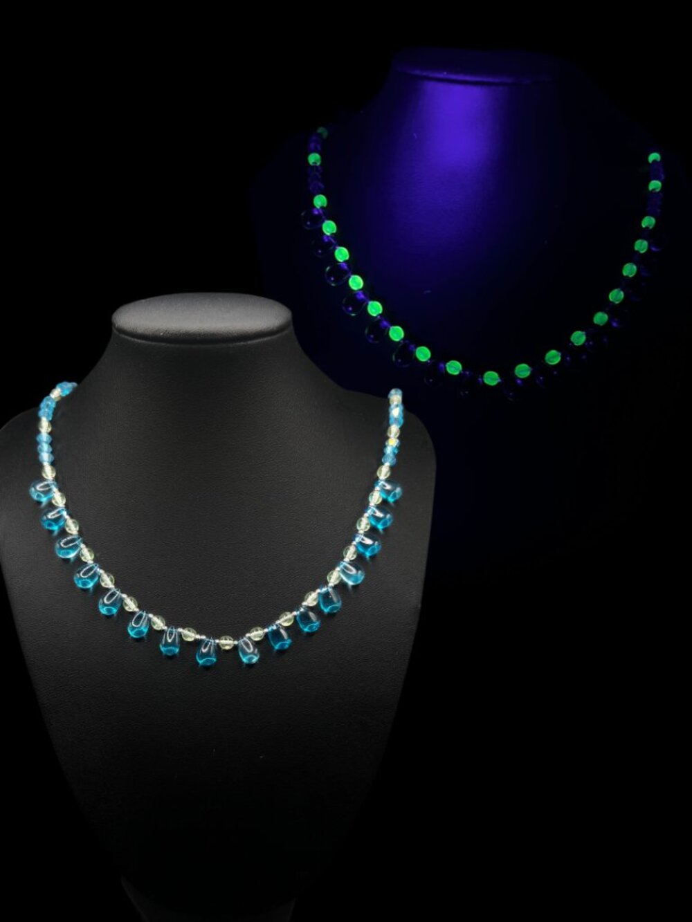 Handcrafted Uranium Glass Teardrop Beaded Necklace Art Deco Style Glows Green UV